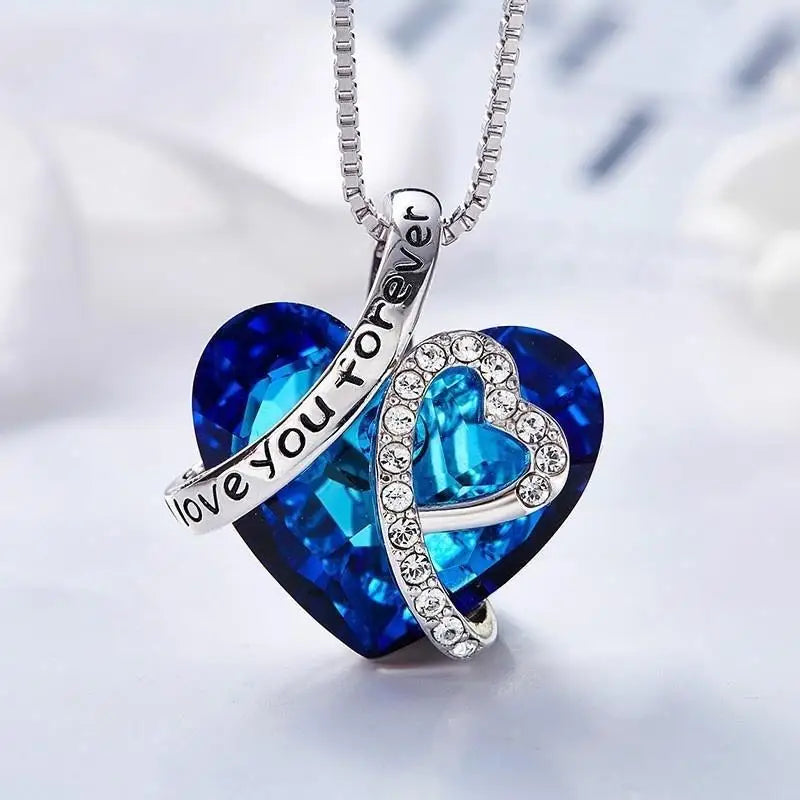 Blue Crystal Everlasting Heart Pendant Necklace