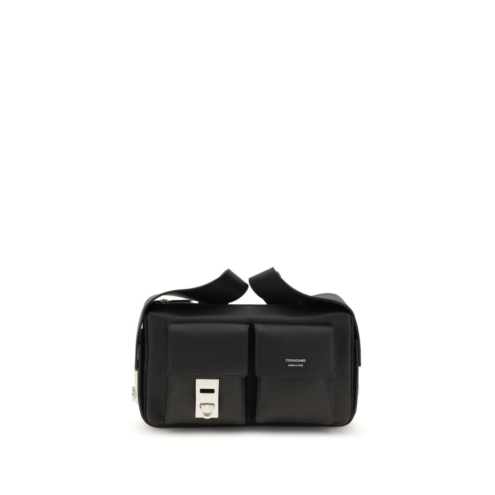 Ferragamo Black Calf Leather Bos Taurus Shoulder Bag