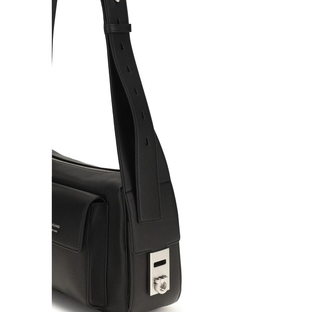 Ferragamo Black Calf Leather Bos Taurus Shoulder Bag