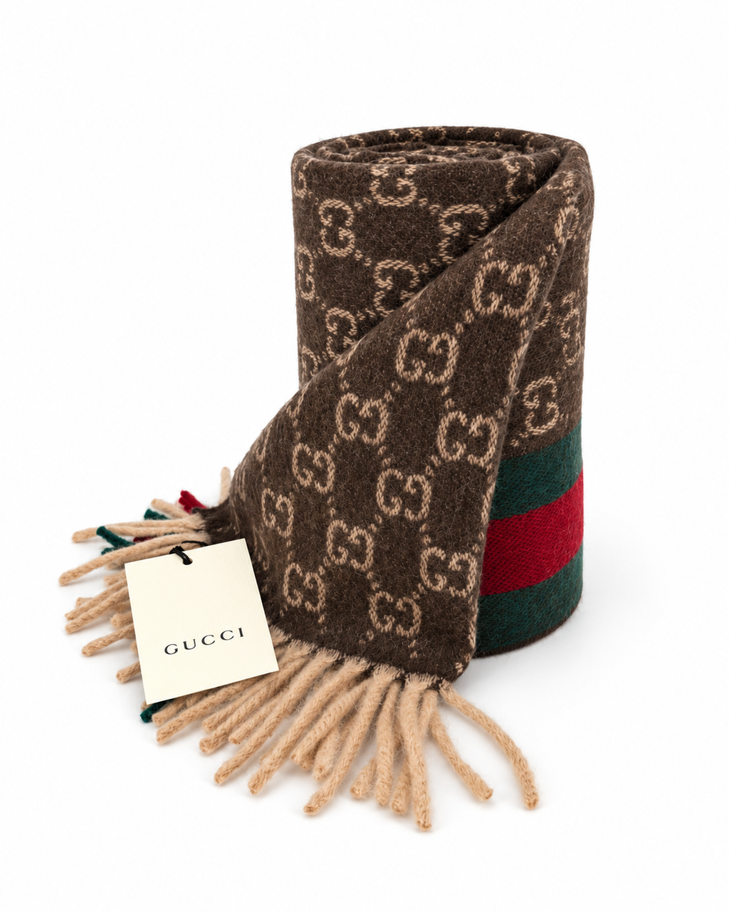 Gucci Monogram Brown Cashmere & Wool Scarf with Green & Red Web Stripe
