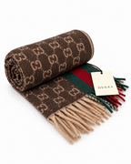 Gucci Monogram Brown Cashmere & Wool Scarf with Green & Red Web Stripe