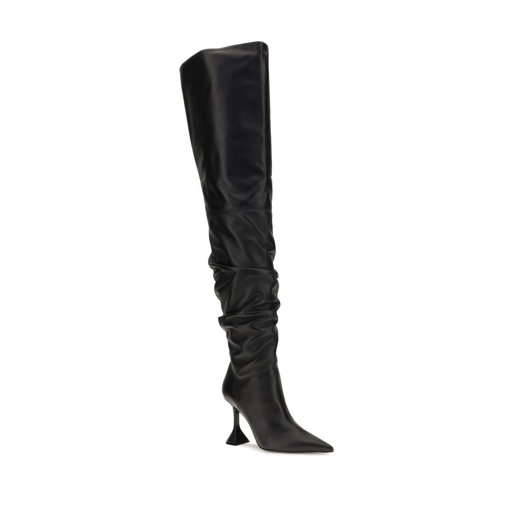 Amina Muaddi Black Calf Leather Bos Taurus Over The Knee